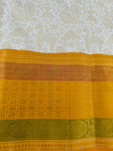Exclusive Tribal Art Kanchivaram Korvai Pure Silk Pure Zari Silk Saree | Warli Inspired | Off-White | Handwoven | Ships from California